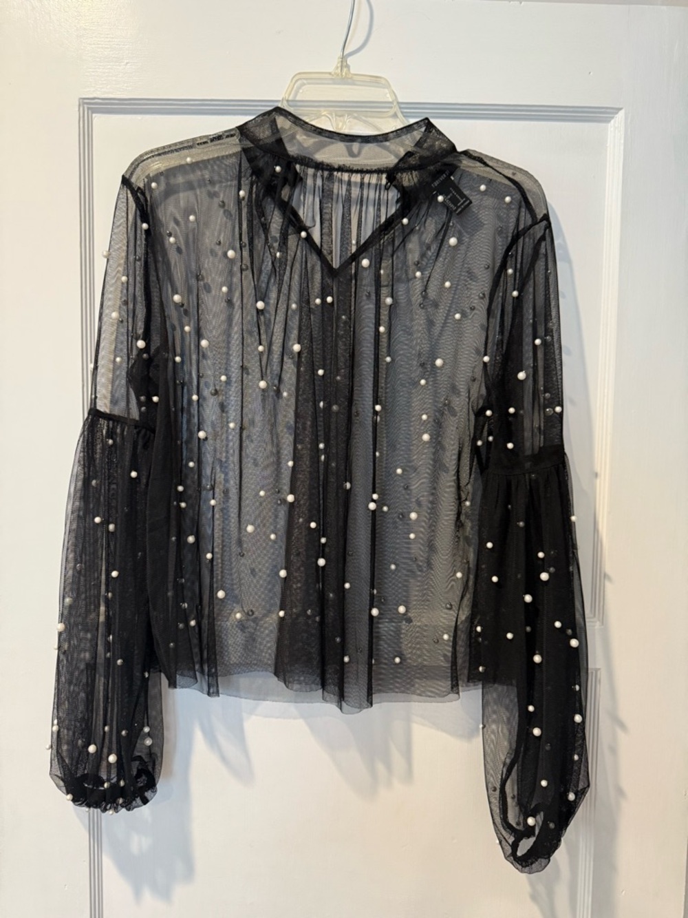 Forever 21 Black Sheer Pearl-Embellished Long Sleeve Blouse
